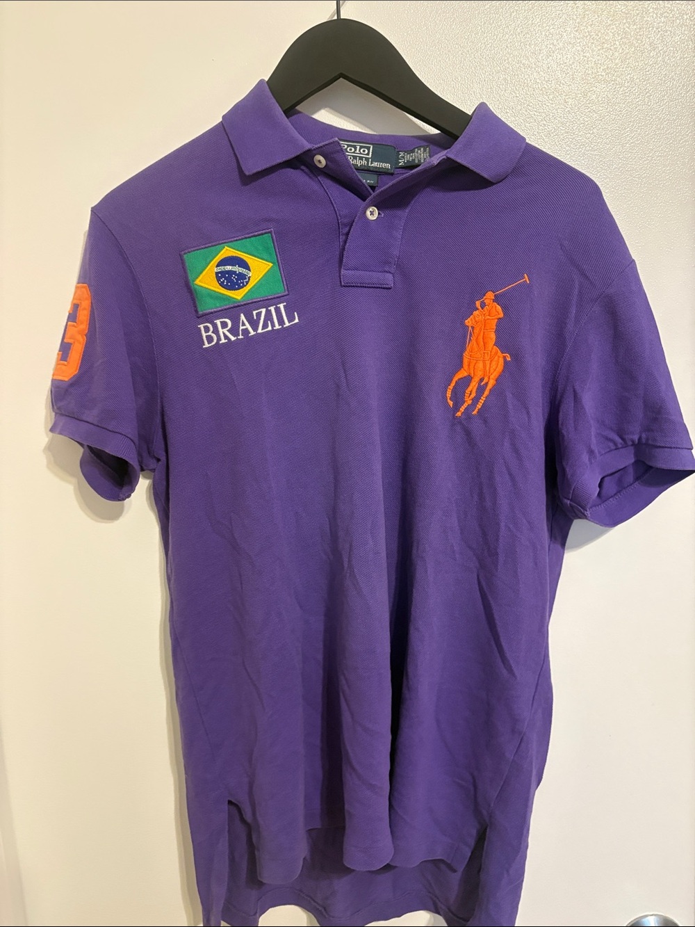 Polo by Ralph Lauren Purple Polo with Brazil Patch and Orange Pony Brazil flag